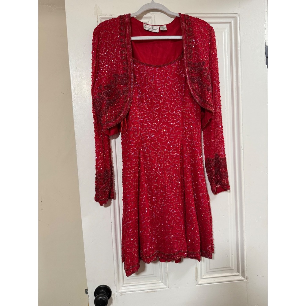 Laurence Kazar Red Silk Beaded Sequin Prom Dress and Bolero Set 90's/ Y2K Size M